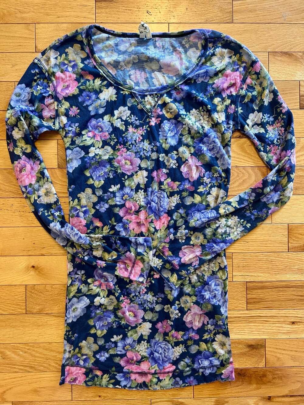 Free People Floral Mesh Long Sleeve Top Size S/P Blue Purple